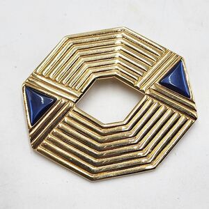 Vintage Gallery Originals Art Deco Style Brooch Gold Tone Navy Blue Geometric